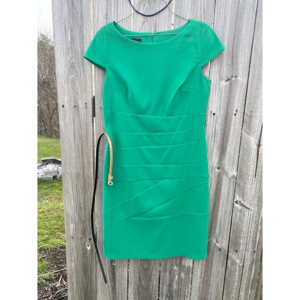 Career Cocktail ALYX Sheath Dress 10 Green Pleated Tiered Belted Boat Neck